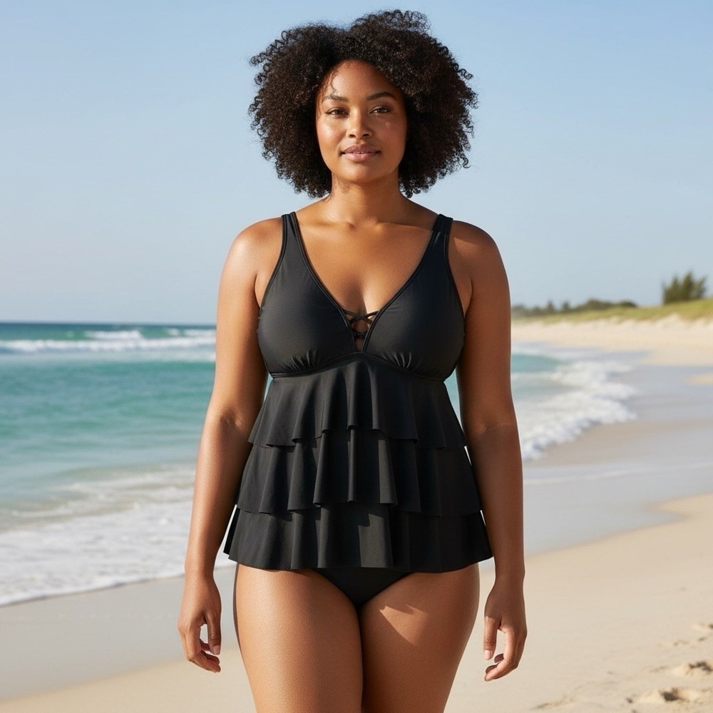 Swim by Cacique Tankini Top Womens 24 Black No-Wire Swimwear Tiered Ruffle Tunic